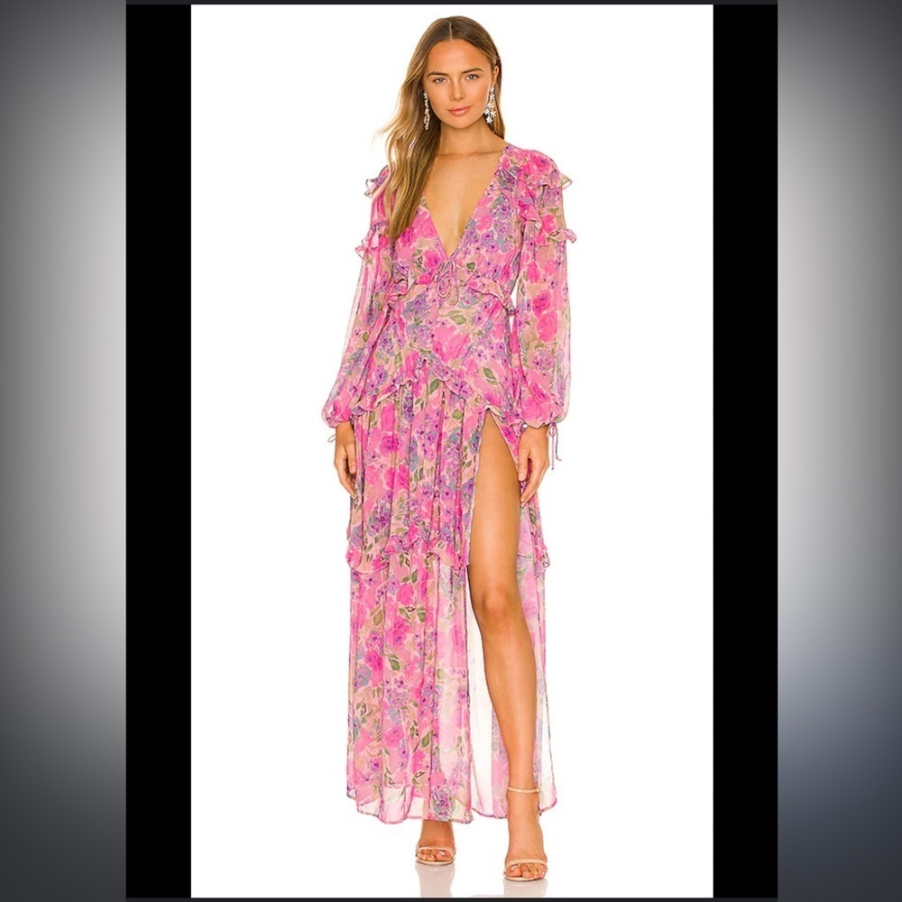 For Love & Lemons Pink Floral Ruffle Wrap Maxi Dress